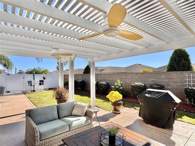 view of patio featuring an outdoor hangout area, cooling unit, a pergola, and grilling area