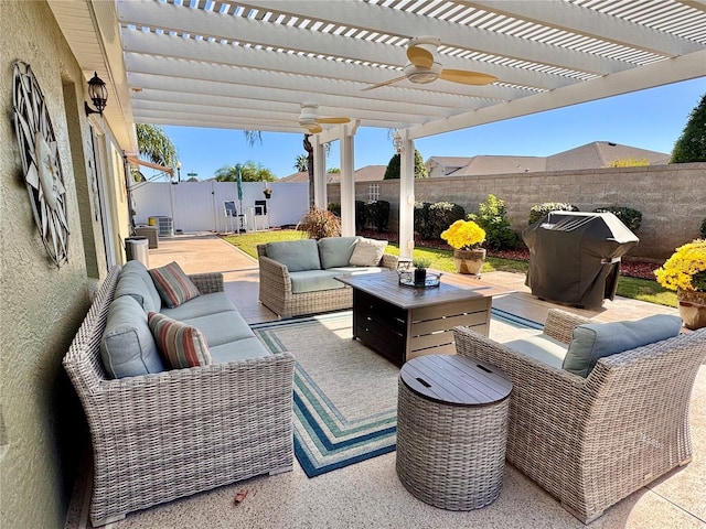 view of patio featuring a pergola, a grill, ceiling fan, and an outdoor hangout area