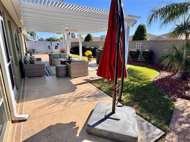 view of patio / terrace with a pergola and an outdoor hangout area