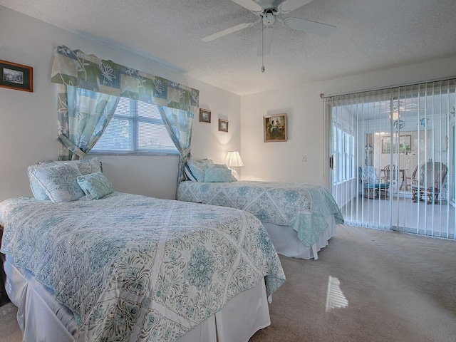 bedroom with multiple windows, access to exterior, a textured ceiling, and carpet