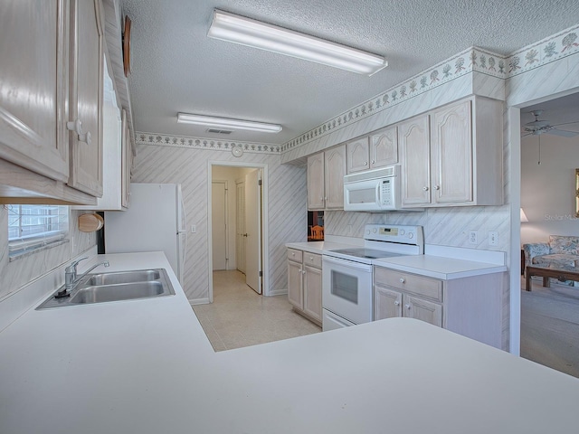 kitchen featuring sink, white appliances, a textured ceiling, and ceiling fan