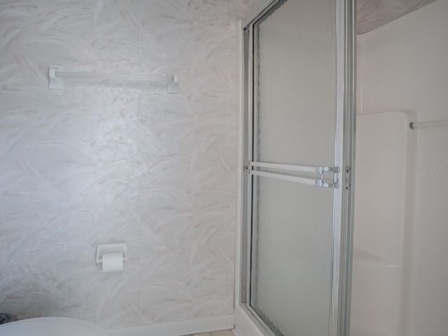 bathroom featuring a shower with shower door