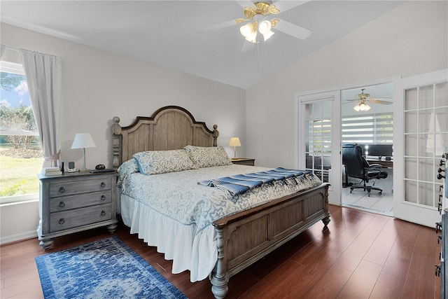 bedroom featuring french doors, ceiling fan, lofted ceiling, and dark hardwood / wood-style floors