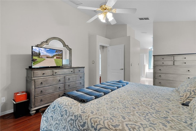 bedroom featuring lofted ceiling, dark hardwood / wood-style floors, and ceiling fan