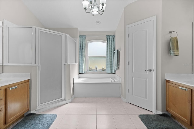 bathroom featuring tile patterned floors, an inviting chandelier, vaulted ceiling, vanity, and plus walk in shower