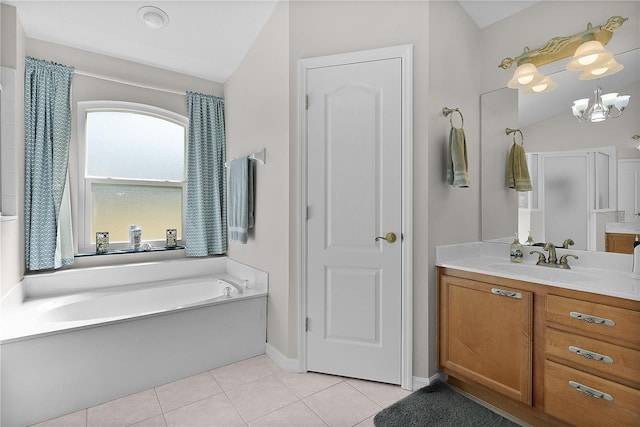 bathroom with lofted ceiling, tile patterned flooring, vanity, plus walk in shower, and a chandelier