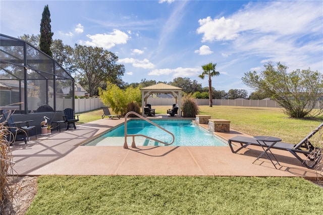 view of swimming pool featuring a gazebo, pool water feature, a yard, and glass enclosure