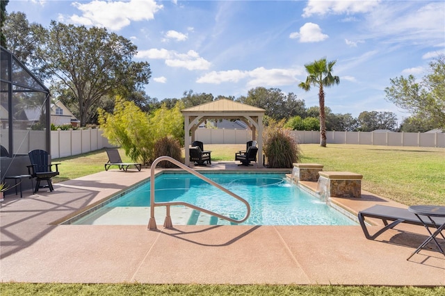 view of swimming pool featuring a lawn, a lanai, pool water feature, a gazebo, and a patio area