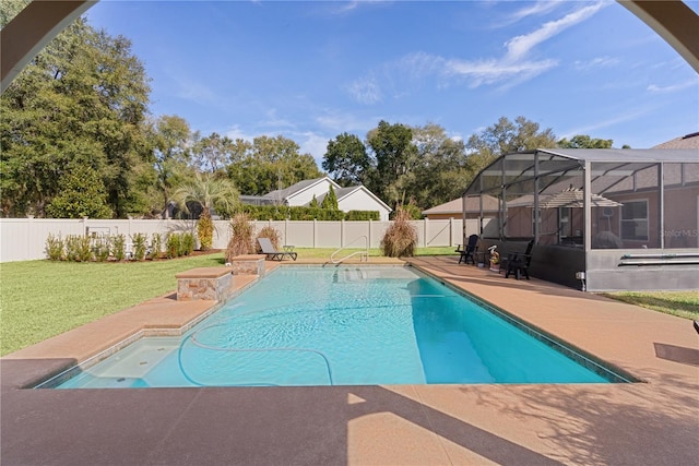 view of pool featuring a lawn, a patio, and glass enclosure