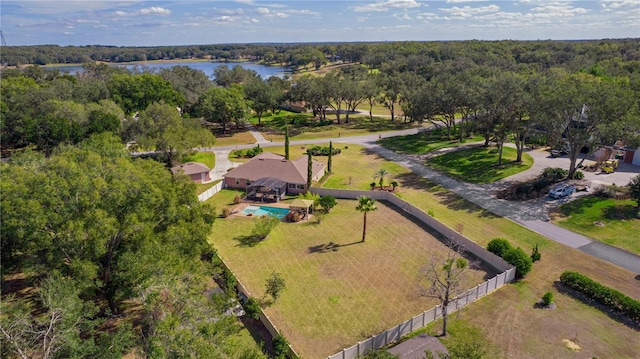 drone / aerial view with a water view