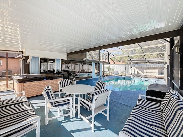 view of swimming pool featuring a hot tub and central air condition unit