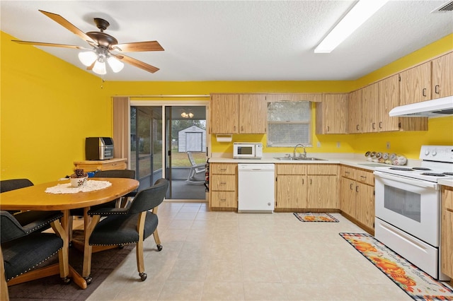 kitchen featuring white appliances, sink, ceiling fan, a textured ceiling, and light brown cabinetry