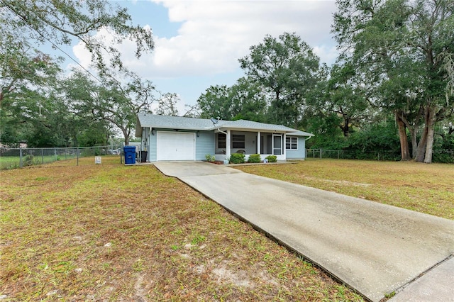 ranch-style house with a front yard and a garage