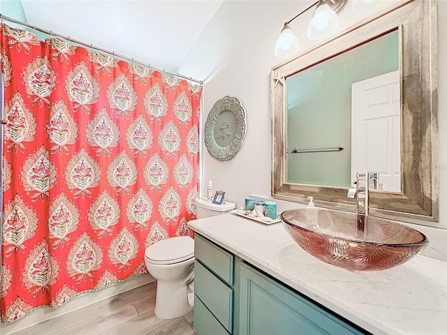 bathroom featuring a shower with shower curtain, vanity, hardwood / wood-style flooring, and toilet