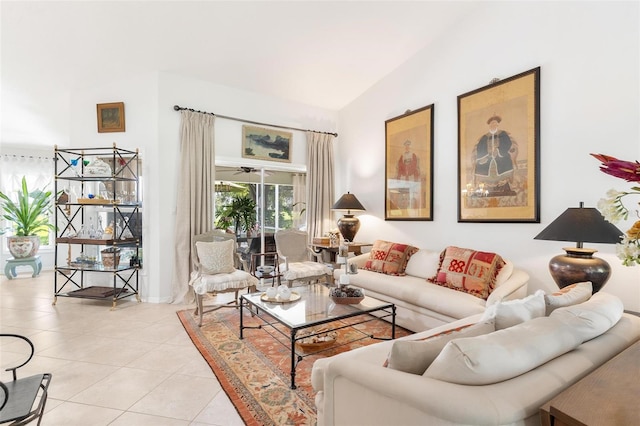 tiled living room with vaulted ceiling