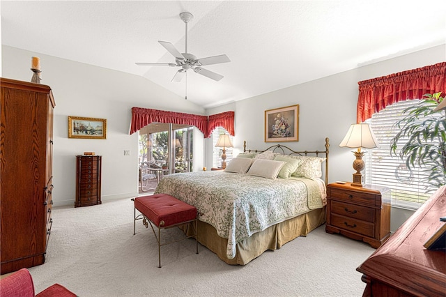 bedroom featuring carpet, access to outside, ceiling fan, and lofted ceiling