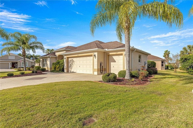 view of front of house with a garage and a front lawn