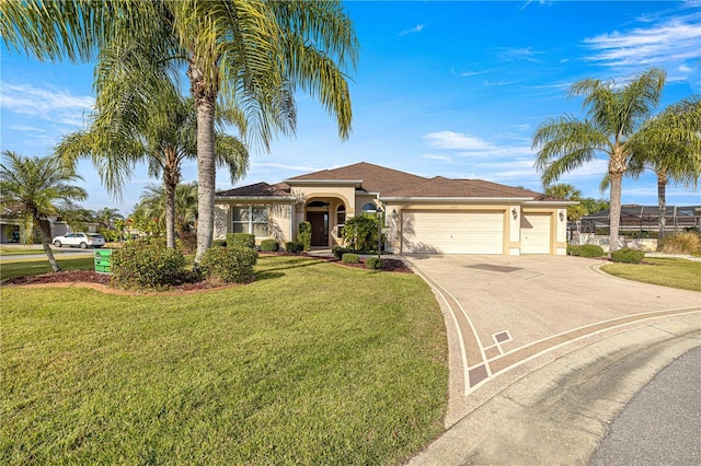 view of front of house with a front yard and a garage