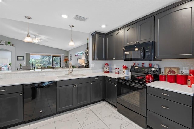 kitchen featuring ceiling fan, sink, pendant lighting, lofted ceiling, and black appliances