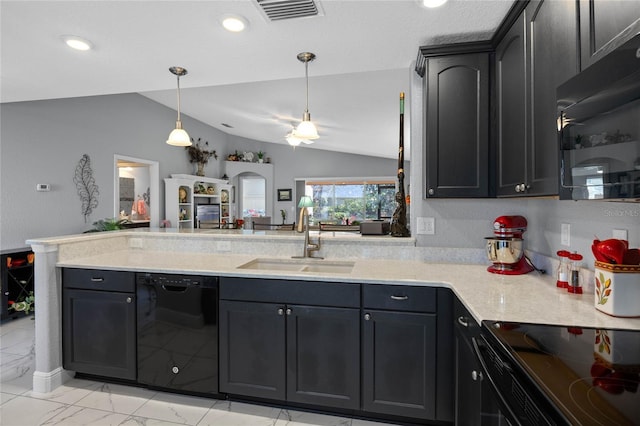 kitchen with sink, kitchen peninsula, pendant lighting, lofted ceiling, and black appliances