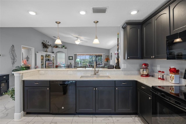 kitchen with kitchen peninsula, vaulted ceiling, sink, black appliances, and decorative light fixtures