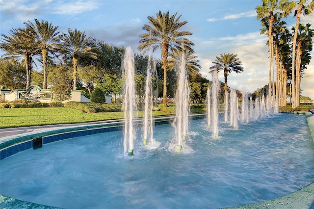 view of pool with a lawn