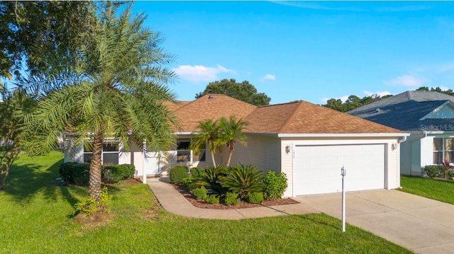 view of front of home with a garage, a shingled roof, concrete driveway, and a front yard