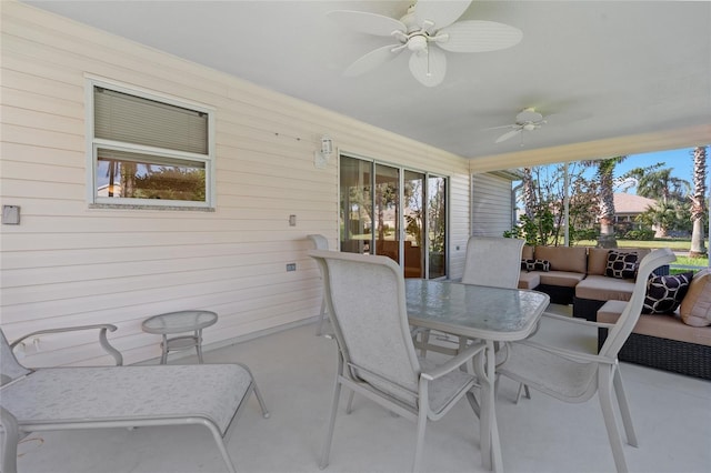 view of patio / terrace with ceiling fan, outdoor lounge area, and outdoor dining space