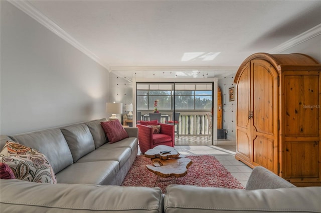 tiled living room with ornamental molding