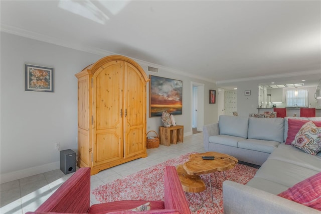 living room with light tile patterned floors and crown molding