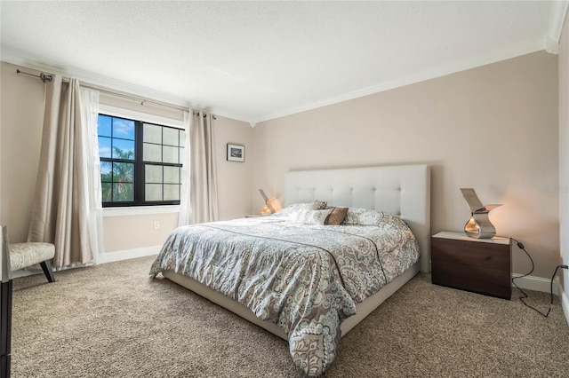 bedroom with carpet floors and ornamental molding