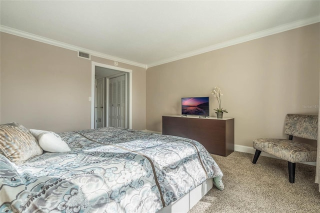 carpeted bedroom with crown molding