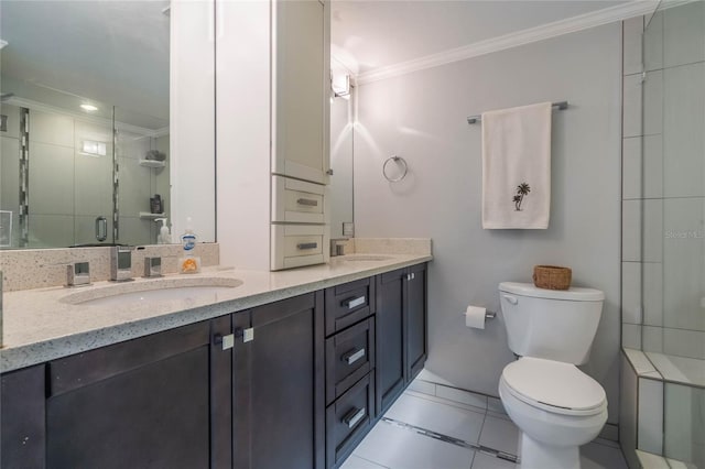 bathroom with tile patterned flooring, crown molding, an enclosed shower, toilet, and vanity