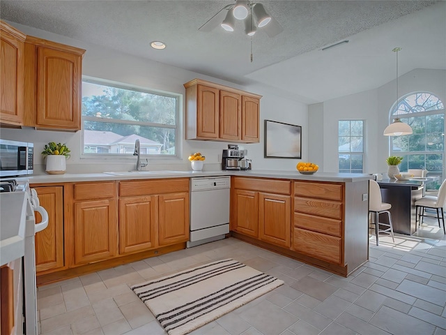 kitchen featuring decorative light fixtures, white dishwasher, a healthy amount of sunlight, and vaulted ceiling