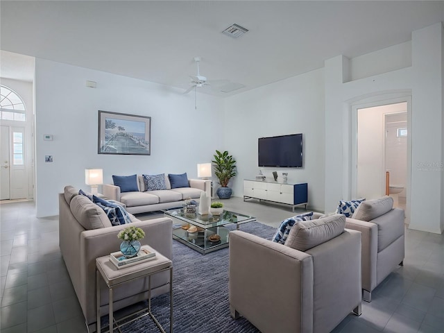 living room with ceiling fan