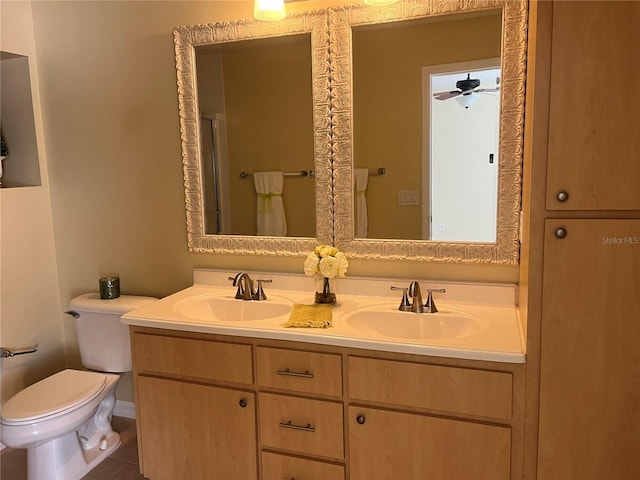 bathroom featuring ceiling fan, tile patterned flooring, vanity, and toilet