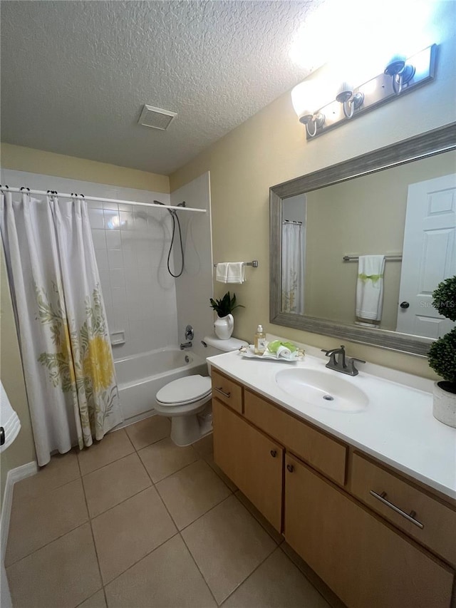 full bathroom with shower / tub combo, a textured ceiling, vanity, tile patterned flooring, and toilet