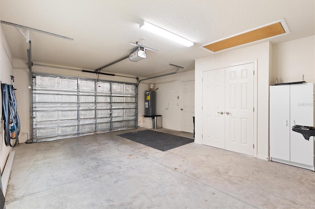 garage with a garage door opener and water heater