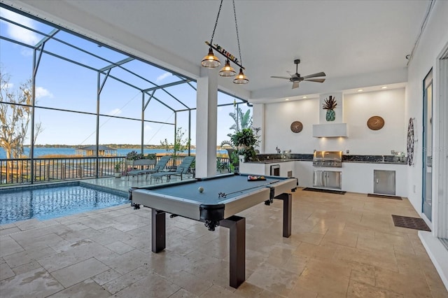 rec room featuring a water view, a pool, ceiling fan, and pool table