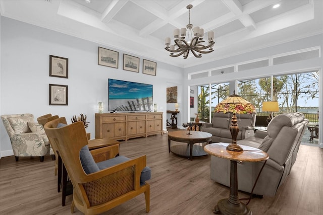 interior space with a high ceiling, coffered ceiling, beamed ceiling, a notable chandelier, and hardwood / wood-style flooring