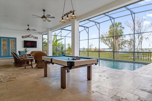 playroom featuring ceiling fan, billiards, and a wealth of natural light