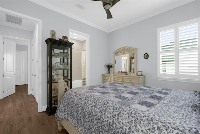 bedroom with ceiling fan, dark hardwood / wood-style flooring, and crown molding