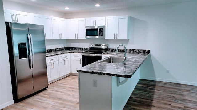 kitchen featuring kitchen peninsula, appliances with stainless steel finishes, sink, light hardwood / wood-style flooring, and white cabinetry