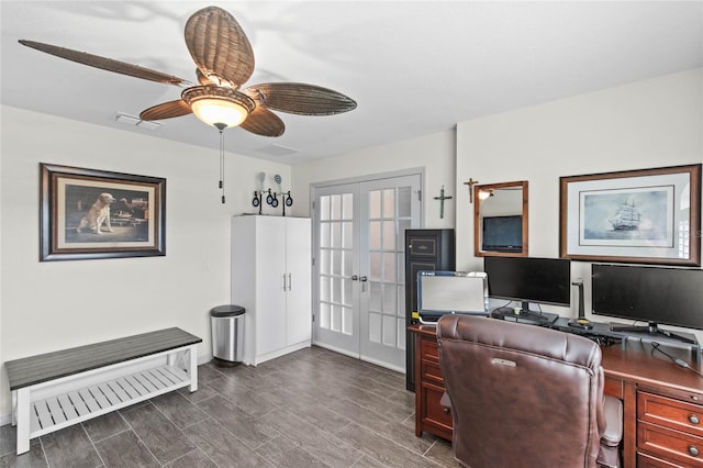 office space with ceiling fan and french doors