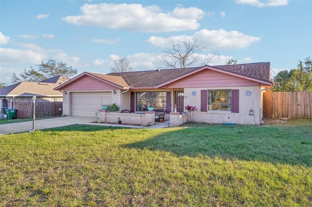 ranch-style house featuring driveway, a garage, fence, a front lawn, and brick siding