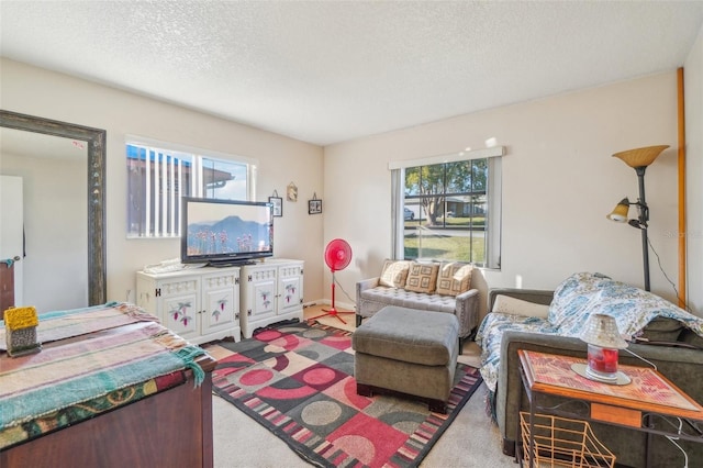 living room with a textured ceiling, carpet, and a healthy amount of sunlight