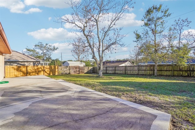 view of yard with a fenced backyard and a patio