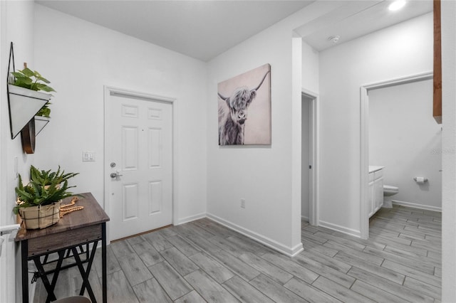 foyer entrance with light hardwood / wood-style flooring