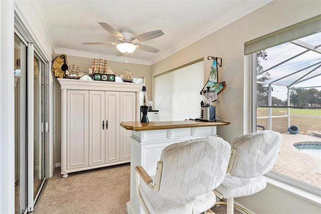 interior space with white cabinetry, light carpet, and ornamental molding