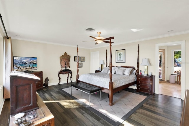 bedroom with ceiling fan, wood-type flooring, and crown molding